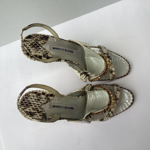 Manolo Blahnik Ronda Snake Embellished Slingback Heels 38.5 / 8 - Picture 5 of 12